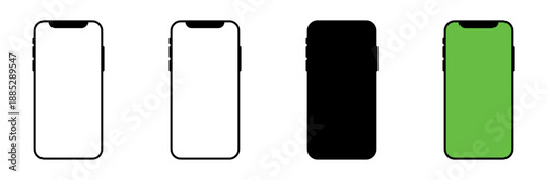 Mobile phone mockup. With transparent, white, black, and green screen variants. Vector Illustration.	