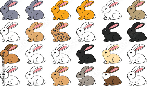 Large Vector Collection of Rabbits and Bunnies: Diverse Set of Cartoon Characters in Various Poses, Featuring Spotted, Speckled, and Solid Coat Colors