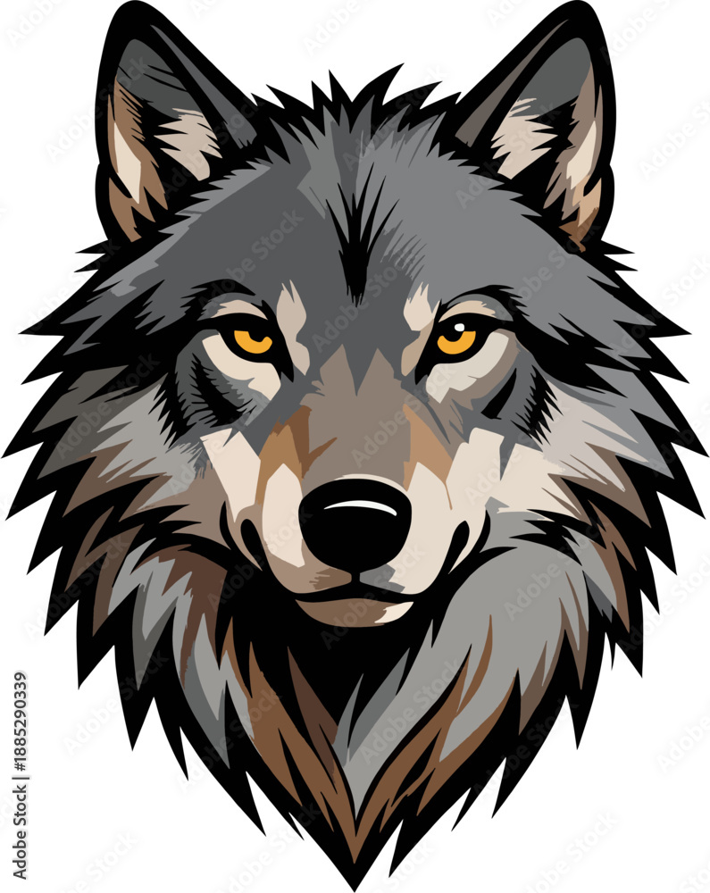 Fototapeta premium Detailed gray wolf head front portrait intense yellow eyes thick fur bold outlines realistic cartoon vector logo