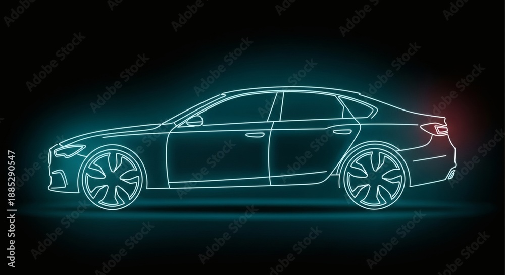 Naklejka premium Sleek Car Blueprint Neon Glow on Black Automotive Innovation Concept.
