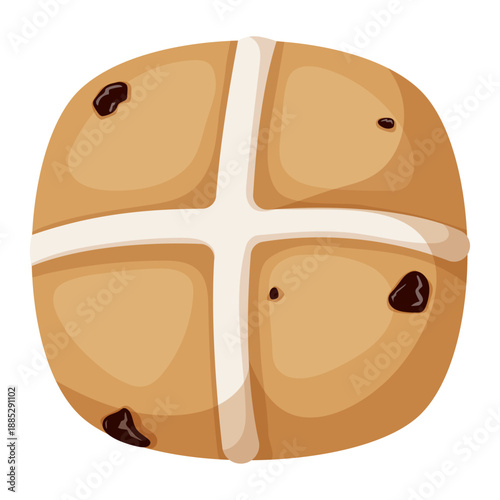 Hot cross bun illustration from top view. Traditional Easter food icon with raisins and white cross icing