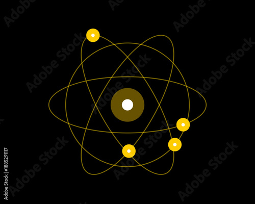 Stylized atomic model with bright yellow electrons orbiting a brown nucleus, great for science. isolated on dark background.