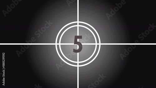 Film countdown timer with 10 second in a circle on vintage film countdown. Suitable for movie trailers, cinema promotions, and intros.
