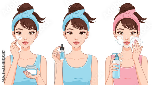 Skincare routine vector illustration of a woman applying beauty products, a comprehensive step-by-step guide for healthy skin, skincare routine vector illustration