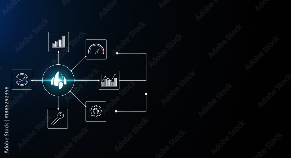 Obraz premium Data-driven Growth and Technology Innovation with Rocket Icon