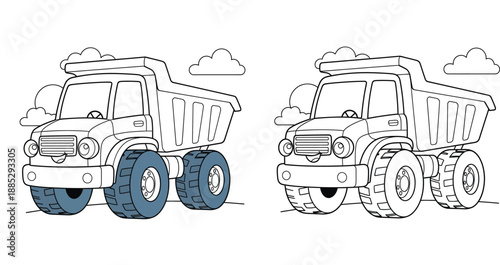 Cute cartoon dump truck coloring book page with example. Black and white line art construction vehicle illustration for kids education and fun activity.