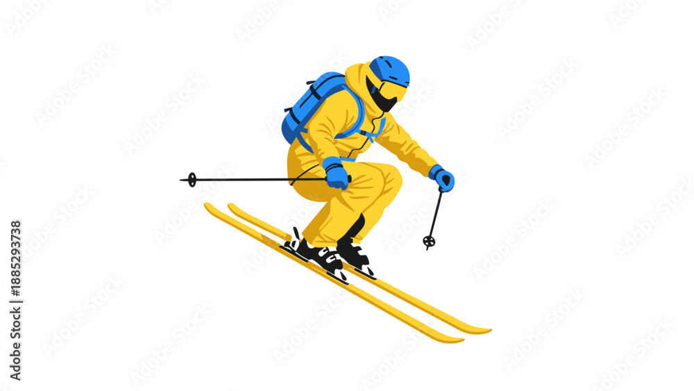 Naklejka premium Dynamic skier in yellow and blue gear on white background