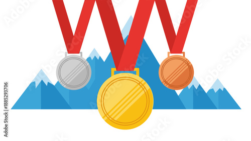 Gold silver bronze medals on red ribbon and mountain graphic for sport competition