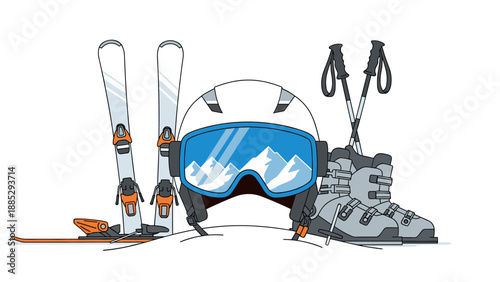 Alpine skiing equipment with snow-capped mountain reflection in goggles