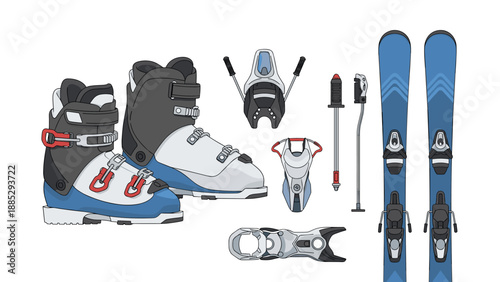 Ski equipment collection with boots, skis, bindings, and poles in modern style