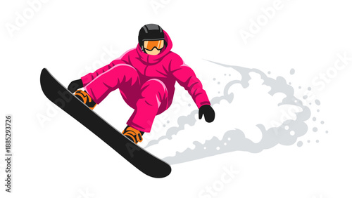 Dynamic snowboarder in motion with bold snow trail and vivid winter outfit