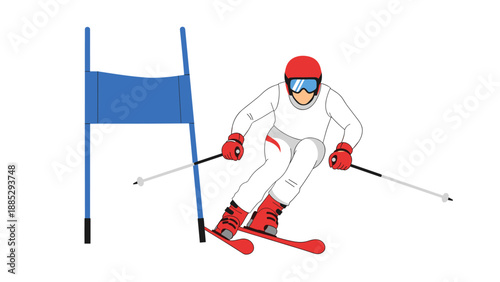 Dynamic skier racing downhill in minimalist style with blue gate