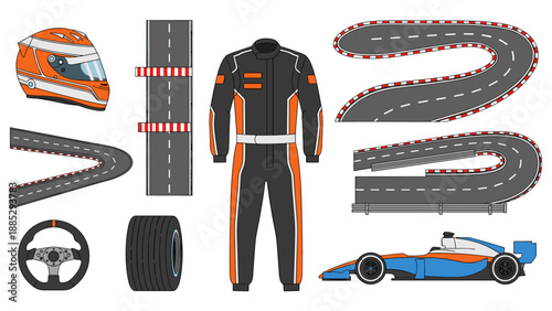 Racing gear and track elements set with racing suit and curved road sections