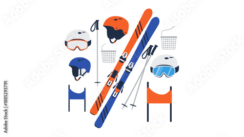 Winter sports equipment with skis and helmets isolated on white background