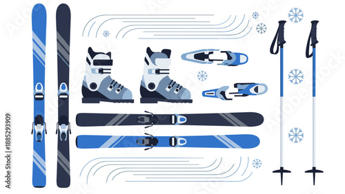 Winter sports equipment: skis, boots, and poles in flat blue design with snowflakes