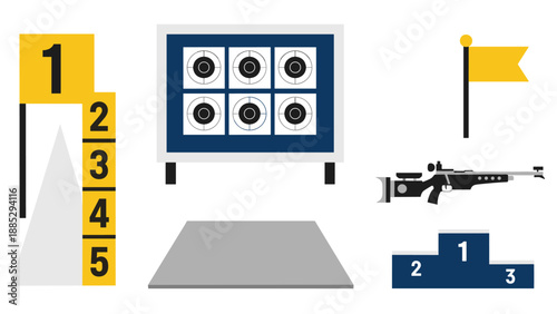 Biathlon event equipment: rifle, targets, podium, flag and number signs