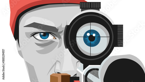 Sharpshooter with rifle scope and red cap in abstract art style