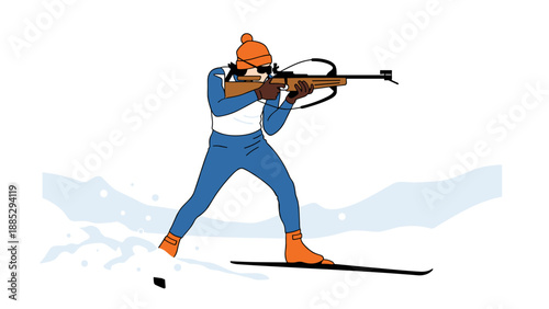 Biathlon athlete firing rifle on snowy terrain in dynamic flat style
