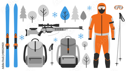 Winter biathlon equipment set: skis, rifle, backpack, and gear in flat design