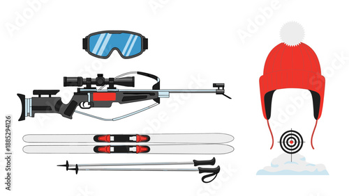 Winter biathlon gear with target icon: skiing rifle, goggles, poles, and red beanie on white background