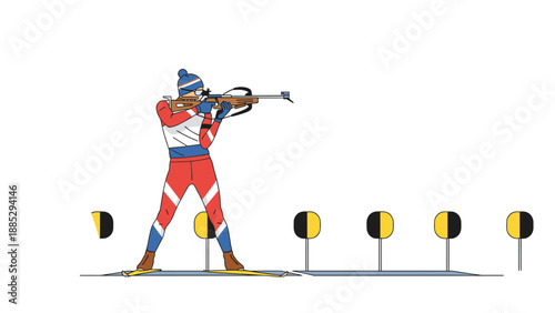 Winter sports biathlon athlete shooting in colorful flat cartoon style