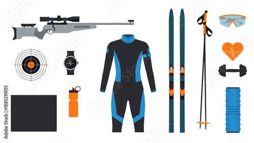 Winter sports gear collection with biathlon equipment and skiing essentials