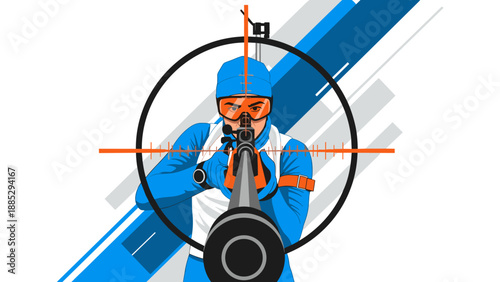 Biathlon shooter aiming in blue attire with orange accents and target focus