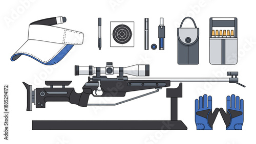 Precision shooting gear and equipment with rifle, glove, and accessories in flat design