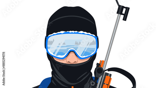 Winter sports enthusiast with skis and goggles in minimalist style