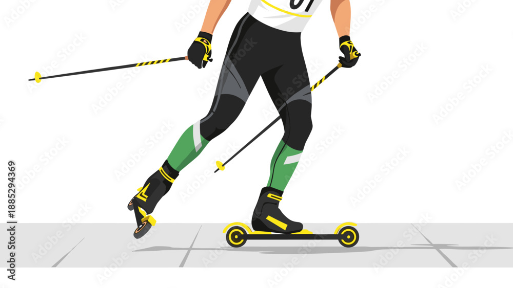 Fototapeta premium Roller skiing athlete in action on pavement with poles and sportswear