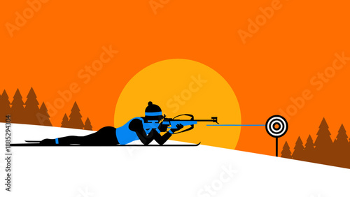 Biathlon athlete shooting at sunset in vibrant minimalist design