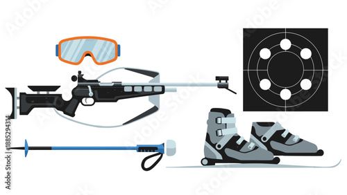 Biathlon equipment set featuring rifle skis boots goggles target minimalist style