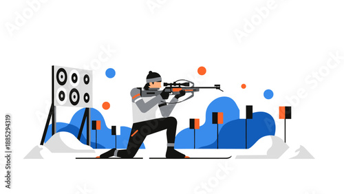 Stylized winter biathlon scene with athlete shooting against mountain backdrop