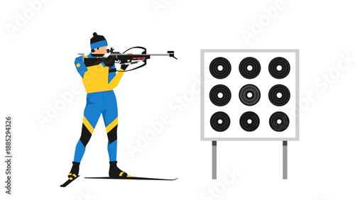 Biathlon athlete aiming at target in winter sports scene