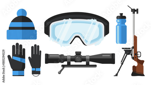 Winter biathlon gear set: ski cap, gloves, rifle, goggles, water bottle