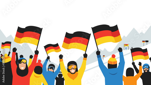 Enthusiastic crowd cheering with german flags in winter mountains