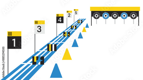 Flat design biathlon shooting range with numbered targets and lanes