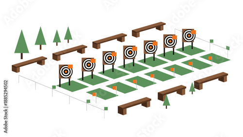 Isometric archery range with targets, benches, and trees