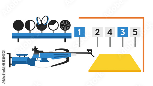Biathlon target shooting scene with rifle and numbered panels