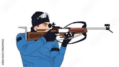 Biathlon athlete aiming in winter gear for precision shooting event