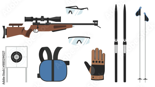 Winter biathlon equipment set featuring rifle, skis, and safety gear on white background