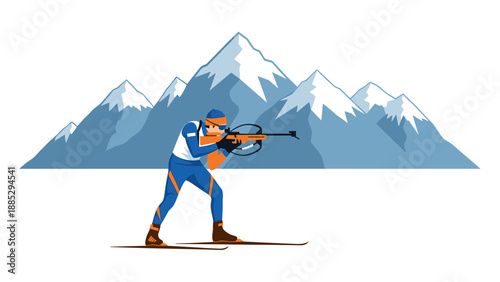 Athlete in action: biathlon skier aiming rifle against snowy mountain background