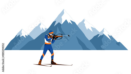 Biathlon athlete aiming with rifle against snowy mountain backdrop