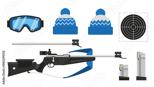 Biathlon equipment: rifle, goggles, hats, and target - winter sports essentials