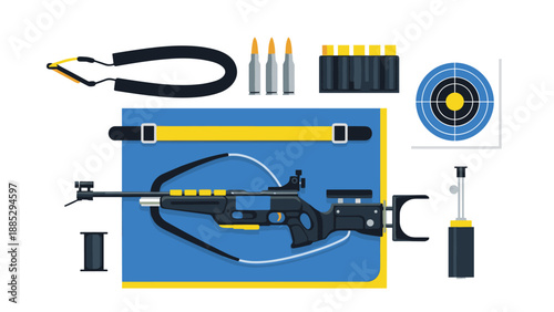 Modern crossbow equipment set with accessories and target in flat design