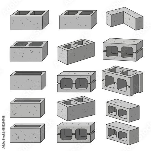 Various Concrete Blocks and Cinder Block Types Vector Set for Construction and Architecture.