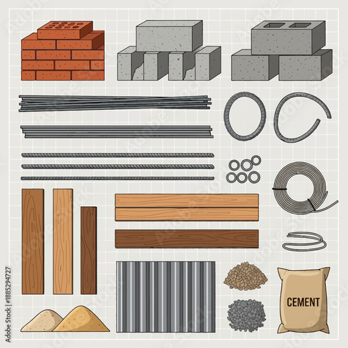 Essential Construction and Building Materials Set: Bricks, Cement, Rebar, Lumber, Aggregates, and Corrugated Metal.