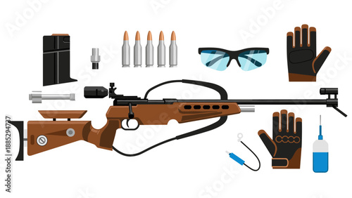Biathlon rifle equipment with ammunition, gloves, and shooting accessories
