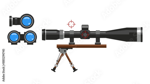 Flat style rifle scope with blue lens on stand in minimal design