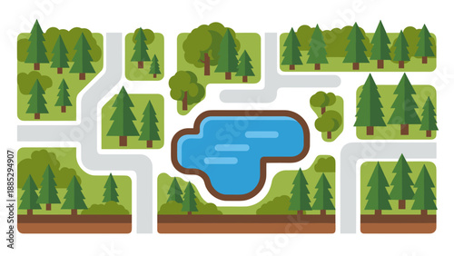 Flat park map design with pathways and pond in minimalist style
